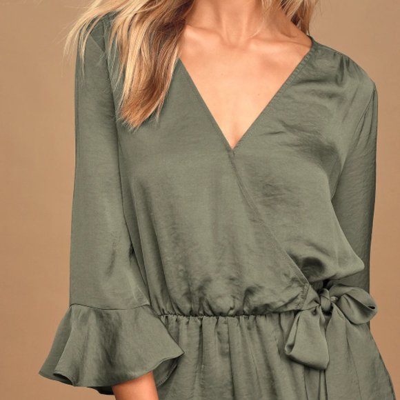 Olive Green Side Tie Ruffle Romper - Picture 3 of 7